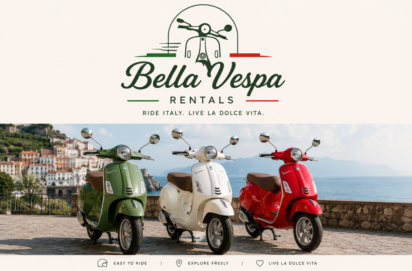 Bella Vespa Rentals - Green, White, and Red Vespas overlooking the Amalfi Coast
